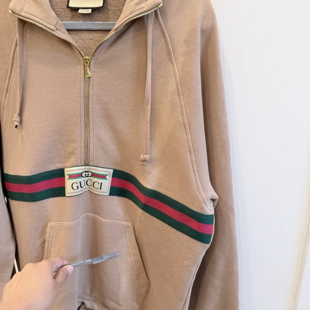 Gucci Half Zip Hoodie Web Stripe Logo Patch Beige Pink Cotton Size S Italy